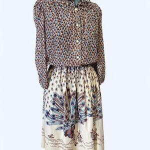 Vintage 70s Peacock Prairie Dress – Ruffle Collar & Statement Skirt